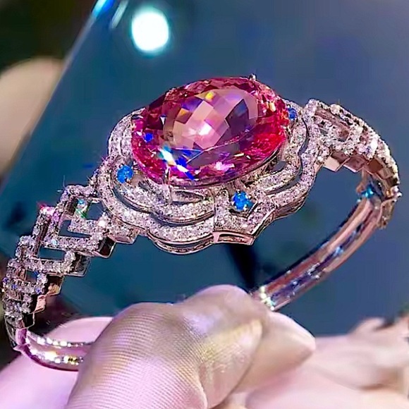 Geometric Oval Pink Morganite Stone Bracelet Bangle Cuff Bracelet Luxury Wedding - Picture 3 of 5